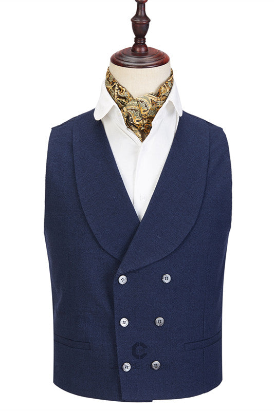 Dark Blue Three-Piece Peaked Lapel Wedding Suit For Men-BallBride