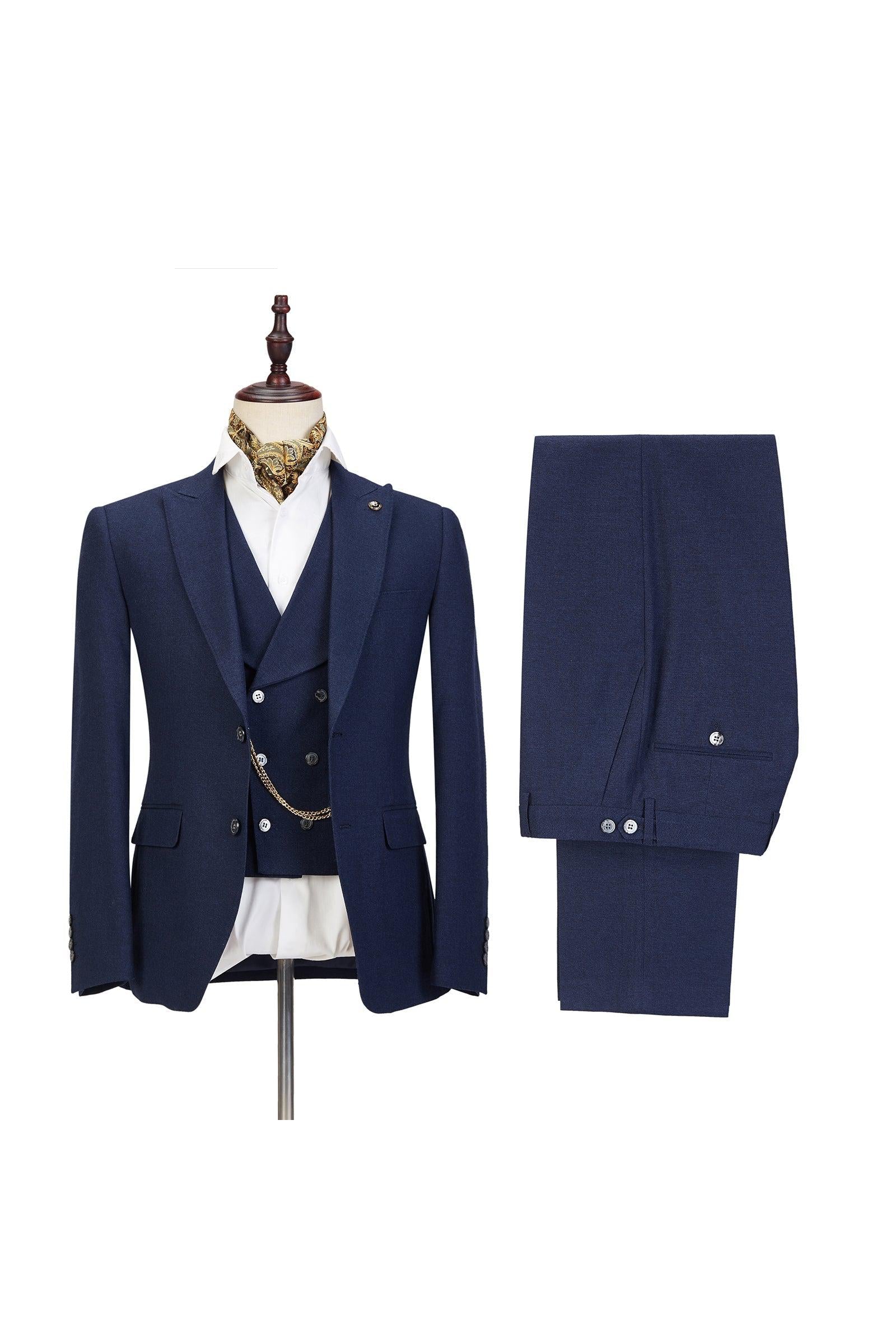 Dark Blue Three-Piece Peaked Lapel Wedding Suit For Men-BallBride
