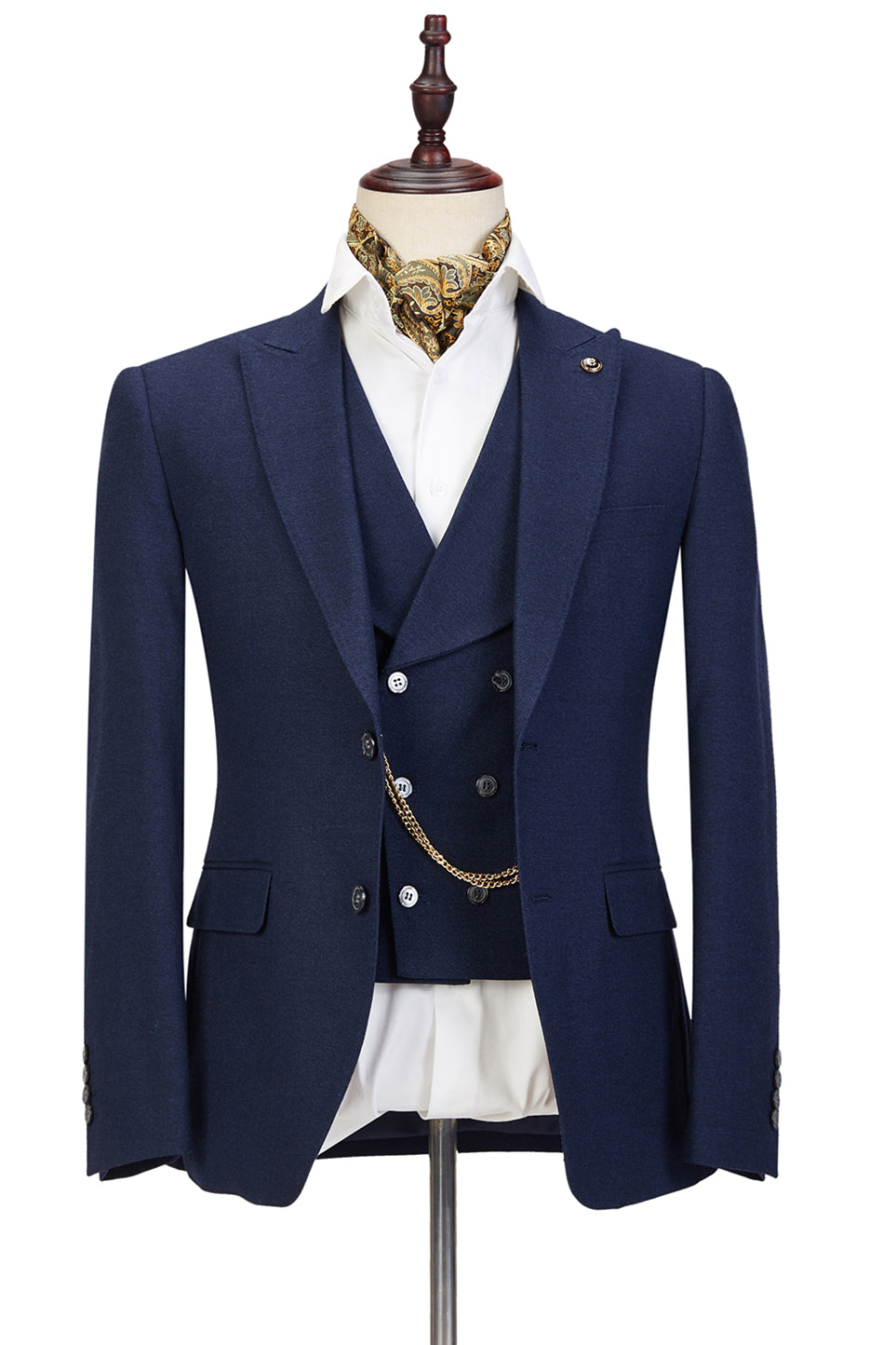Dark Blue Three-Piece Peaked Lapel Wedding Suit For Men-BallBride