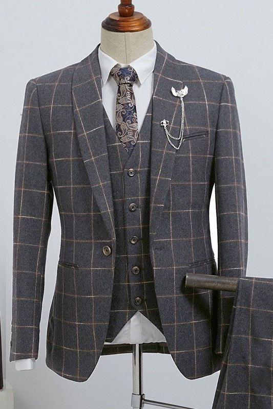 Dark Gray Plaid 3 Pieces Slim Fit Custom Business Suit by Barlow Fashion-BallBride