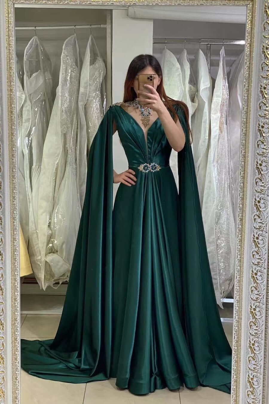 Dark Green A-Line V-Neck Long Prom Dress With Embellished Ruffles-BallBride