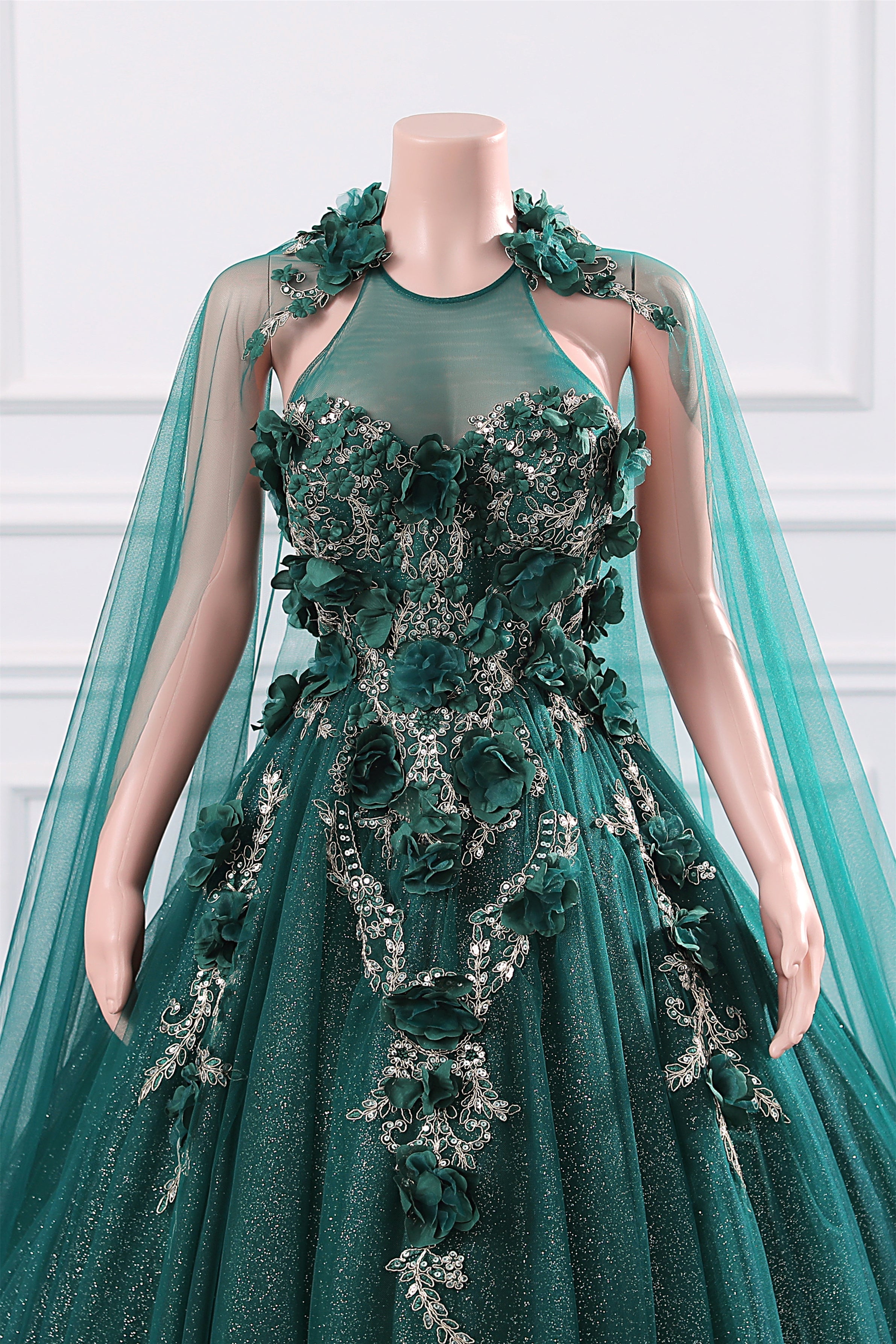 Dark Green Appliques Beaded Flowers Ball Gown Qunice Dresses-BallBride