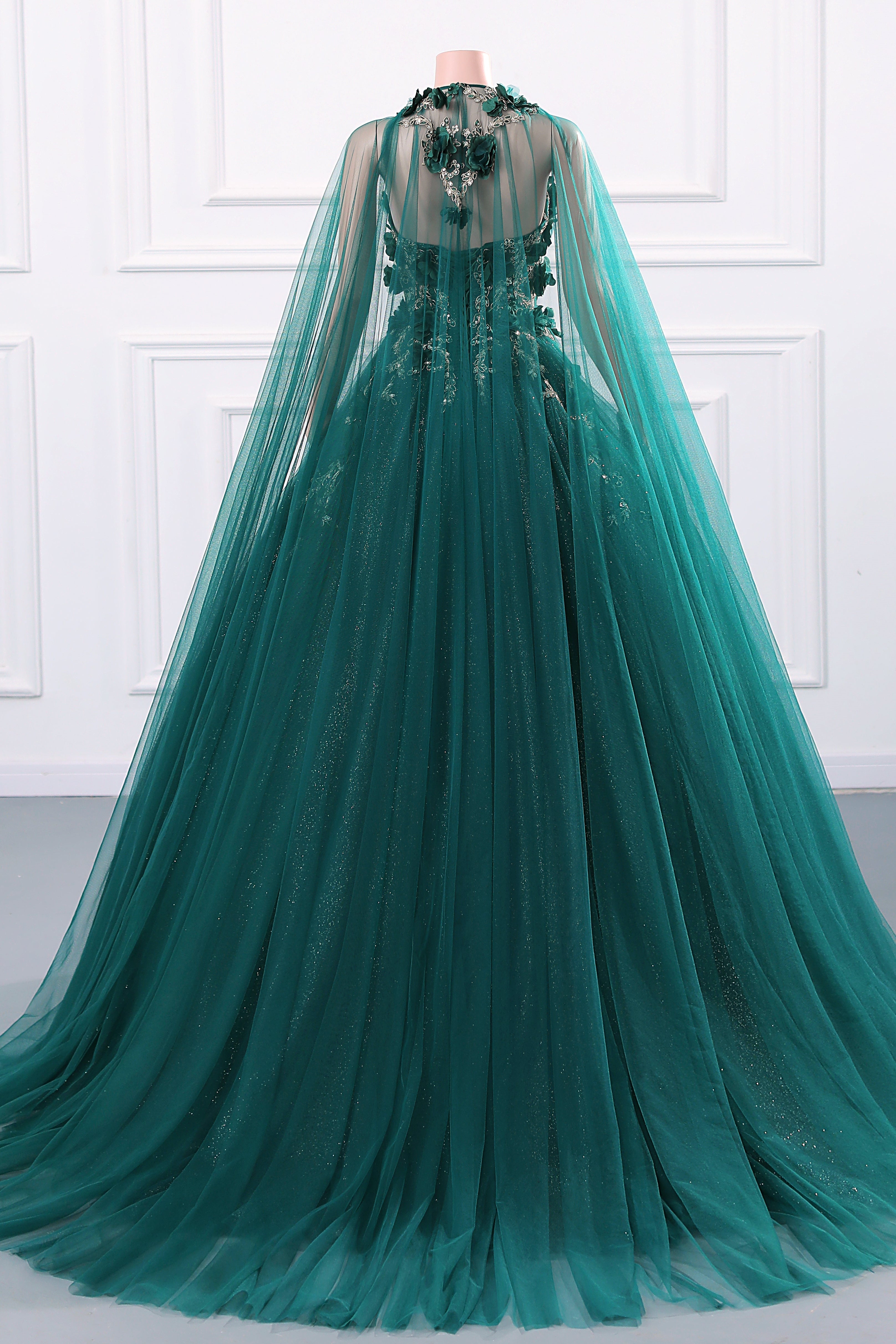 Dark Green Appliques Beaded Flowers Ball Gown Qunice Dresses-BallBride
