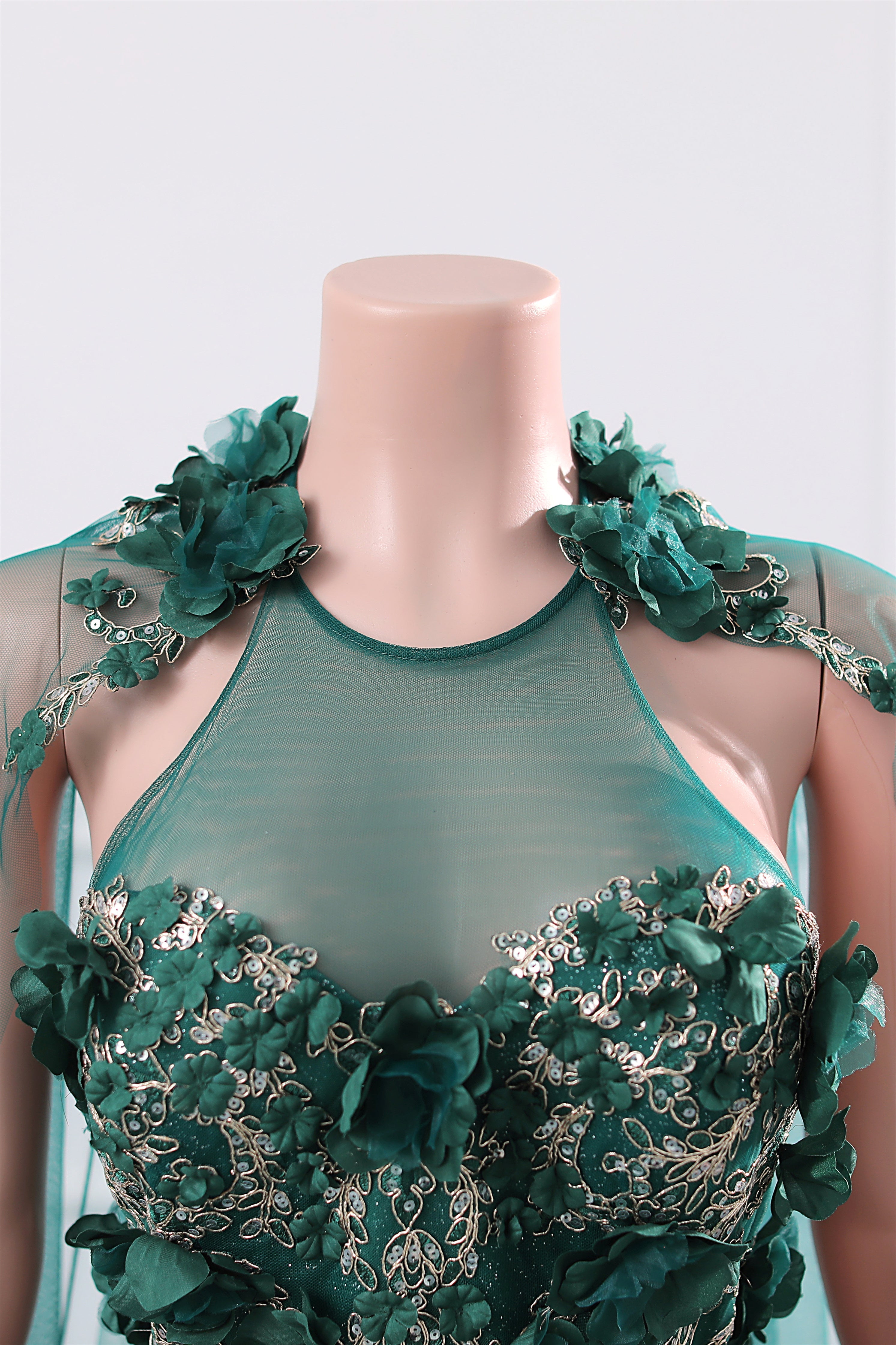 Dark Green Appliques Beaded Flowers Ball Gown Qunice Dresses-BallBride