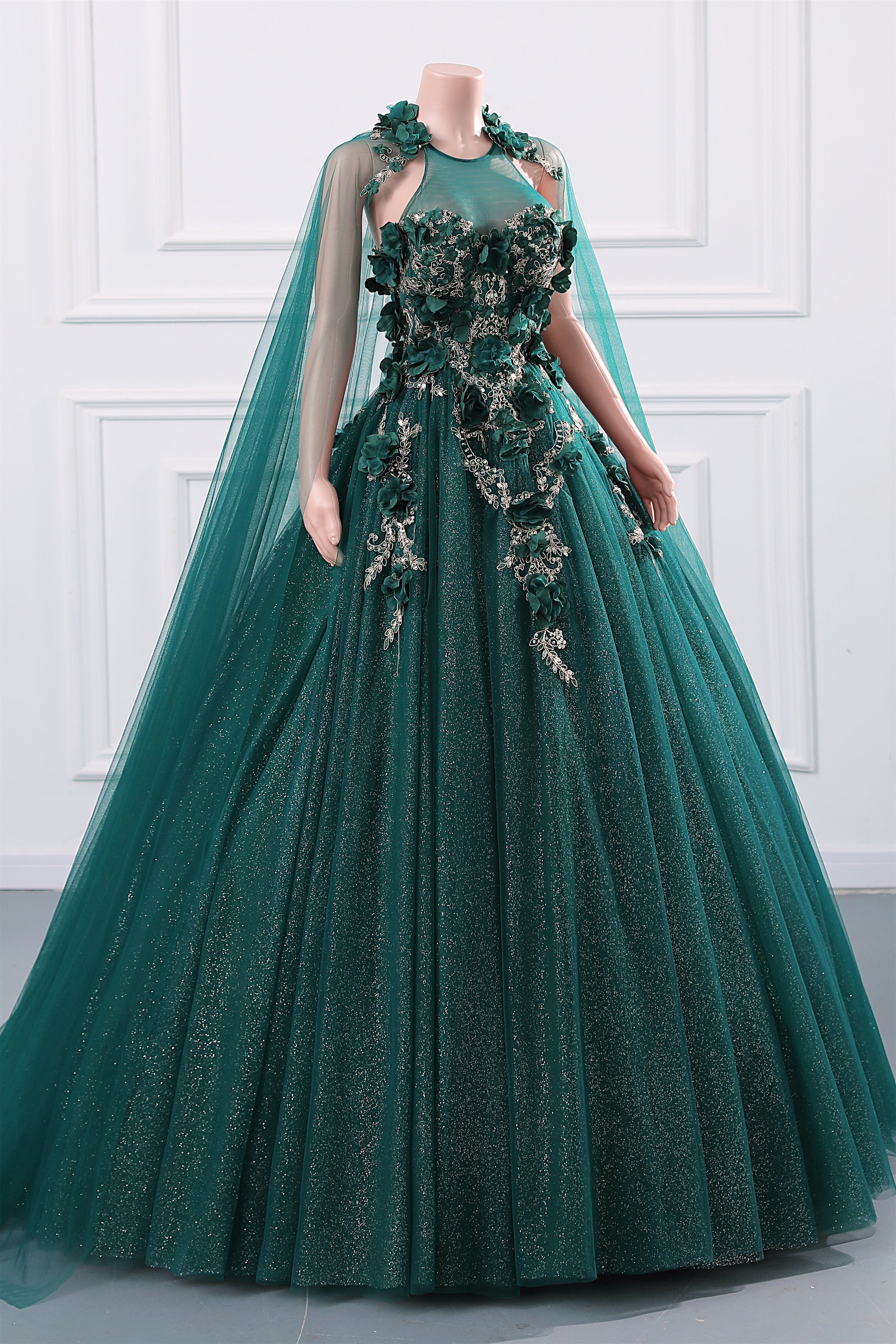 Dark Green Appliques Beaded Flowers Ball Gown Qunice Dresses-BallBride