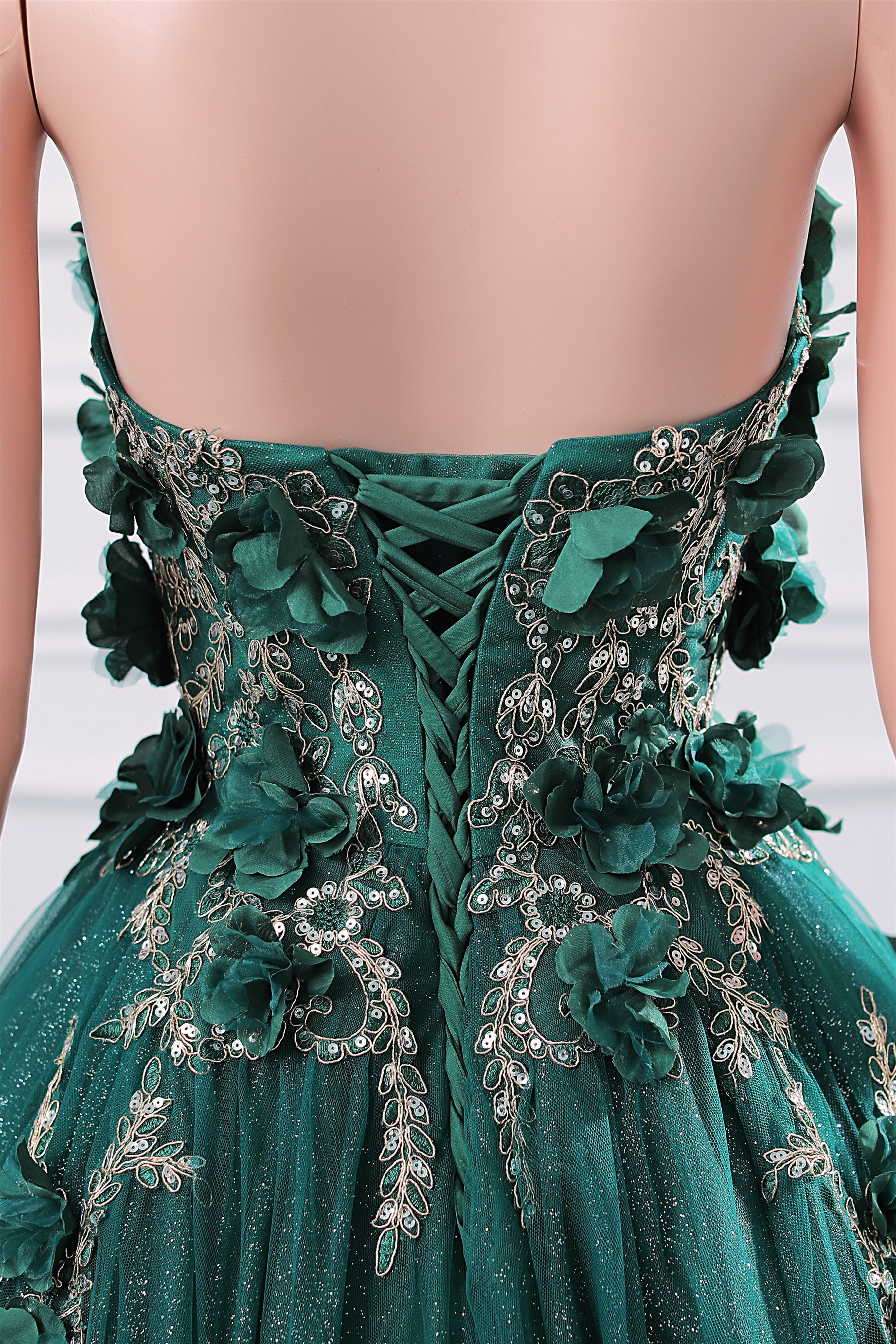 Dark Green Appliques Beaded Flowers Ball Gown Qunice Dresses-BallBride