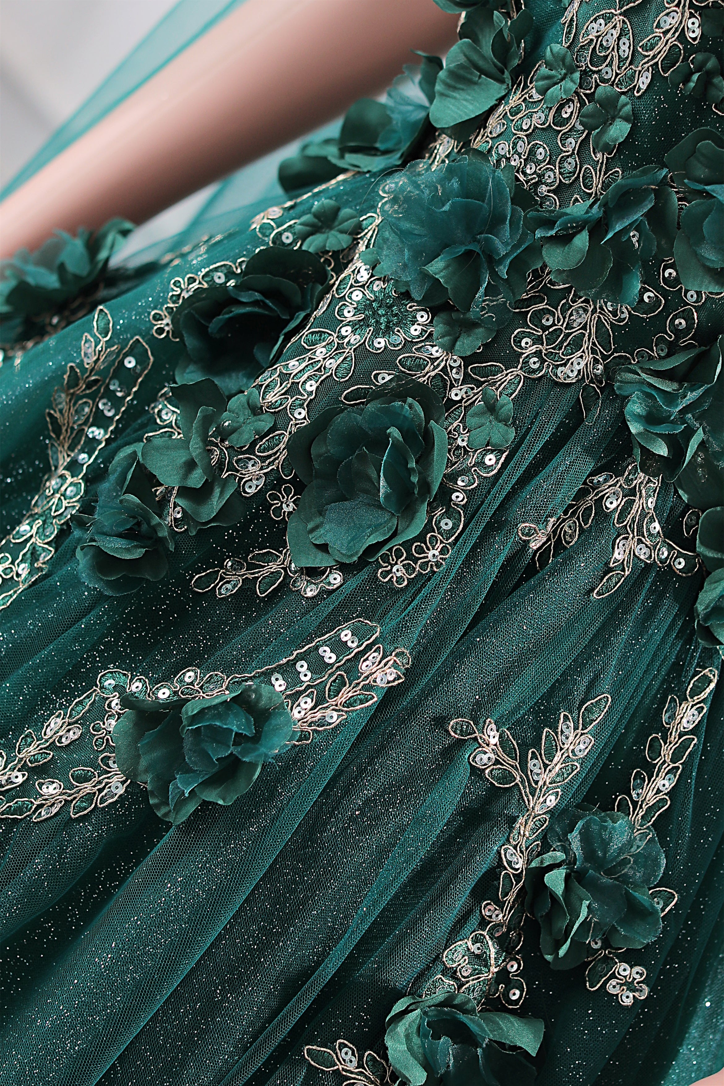 Dark Green Appliques Beaded Flowers Ball Gown Qunice Dresses-BallBride