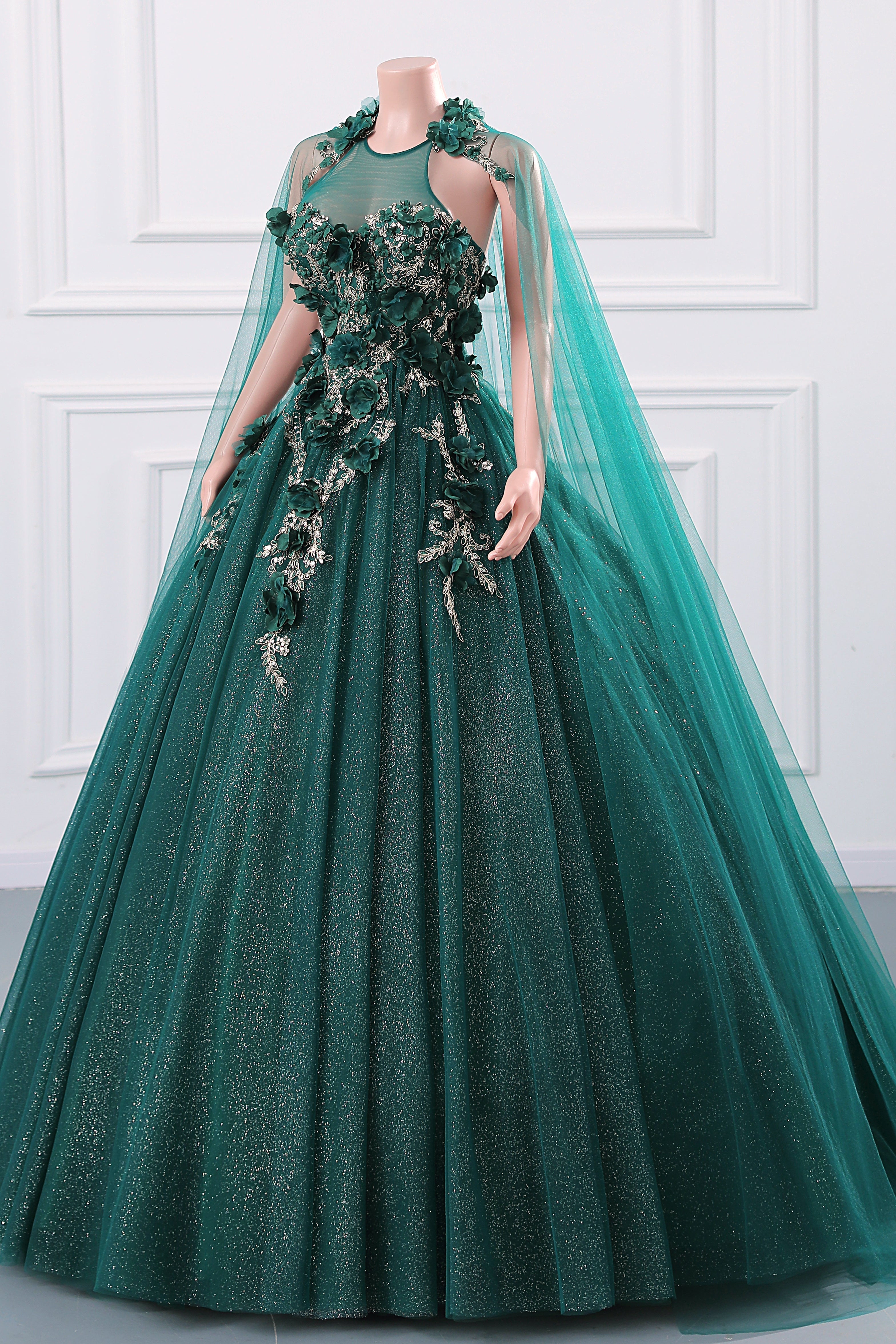 Dark Green Appliques Beaded Flowers Ball Gown Qunice Dresses-BallBride
