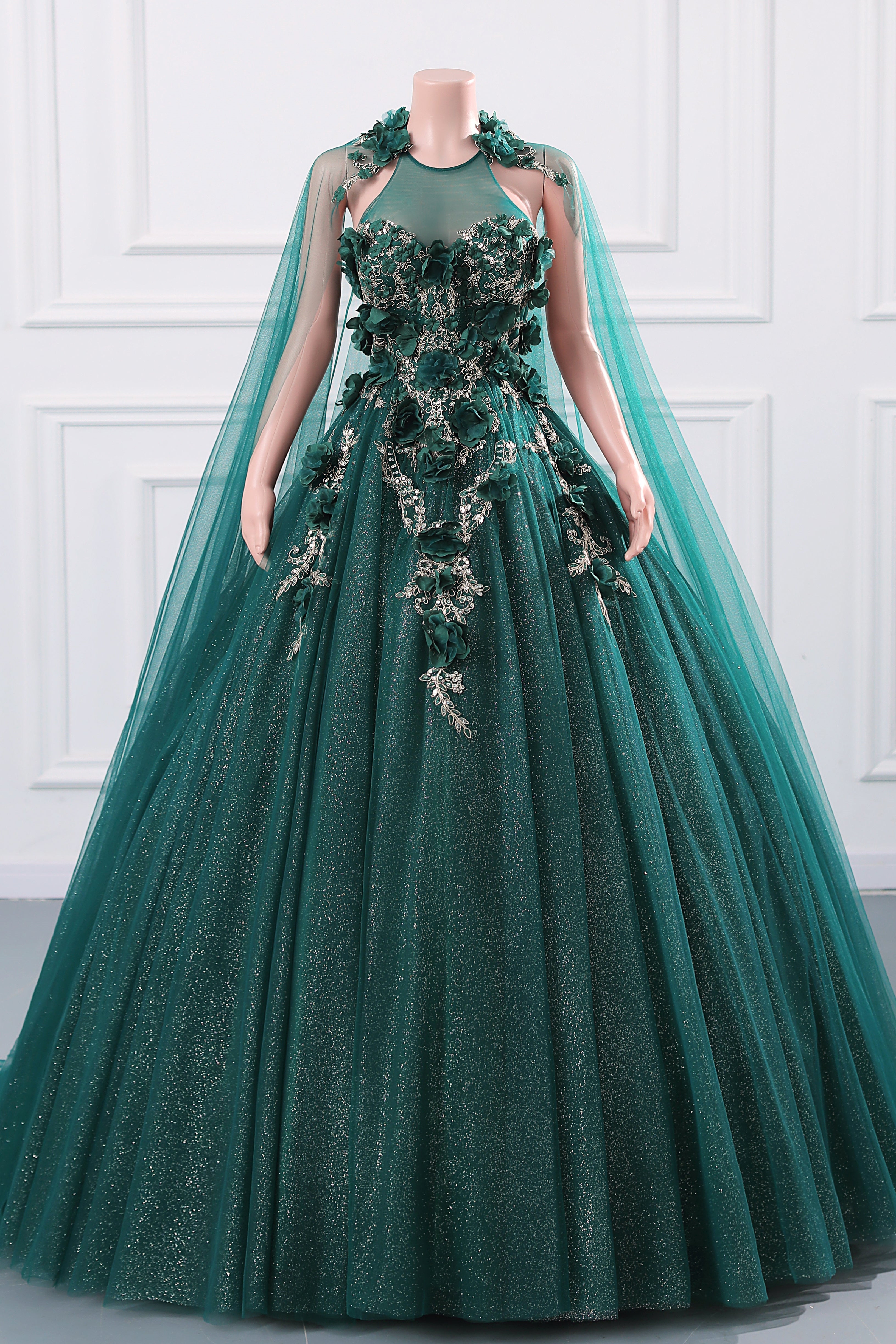 Dark Green Appliques Beaded Flowers Ball Gown Qunice Dresses-BallBride