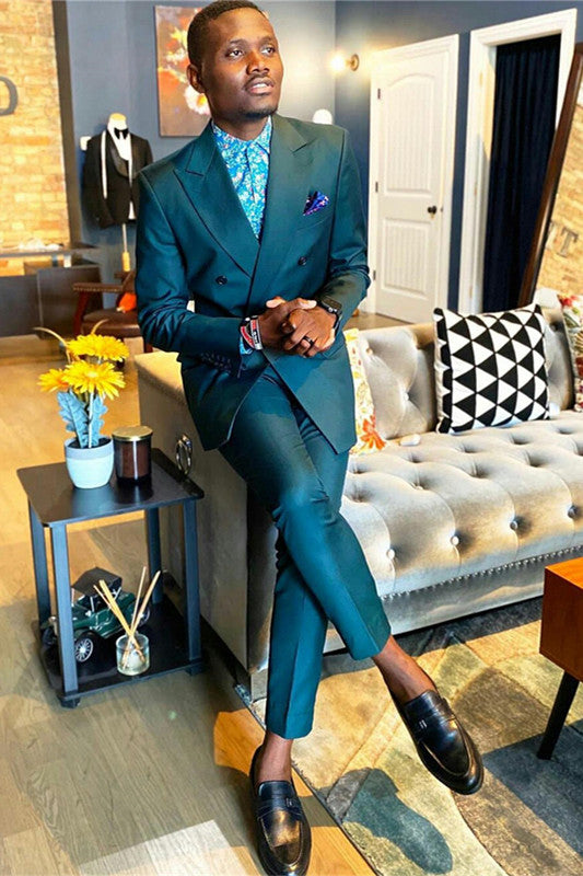 Dark Green Double Breasted Suit for Men - Perfect for Parties with Peaked Lapel-BallBride