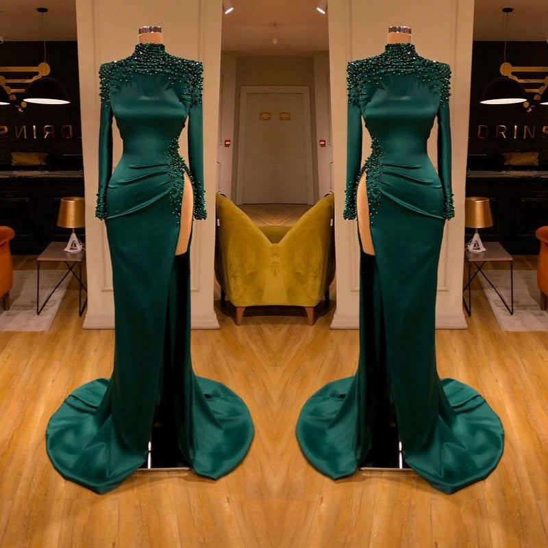 Dark Green High Neck Long Sleeves Crystal Side Slit Prom Dress-BallBride