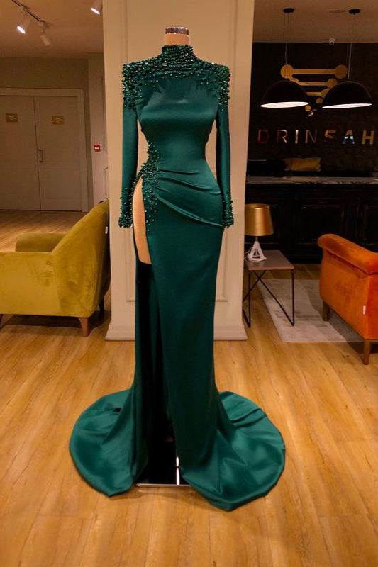 Dark Green High Neck Long Sleeves Crystal Side Slit Prom Dress-BallBride