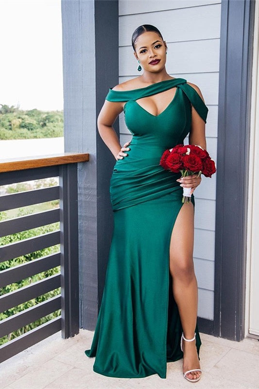 Dark Green Long Mermaid Satin Bridesmaid Dresses with Slit-BallBride