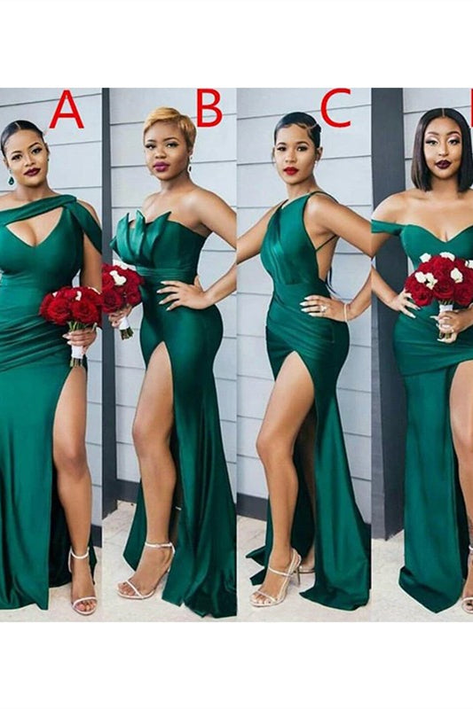 Dark Green Long Mermaid Satin Bridesmaid Dresses with Slit-BallBride