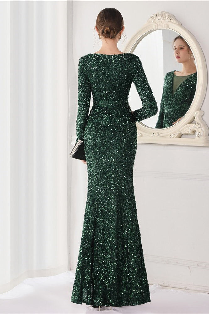 Dark Green Long Sleeves Evening Dress with Sequins and V-Neck Front Split-BallBride