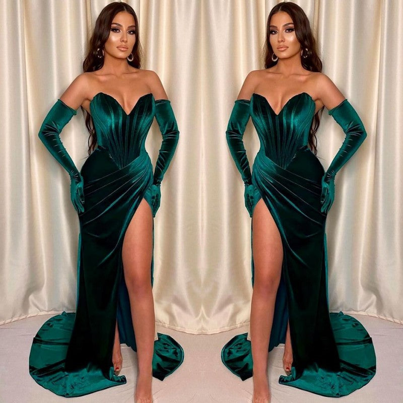 Dark Green Mermaid Evening Dress with Front Split and Gloves-BallBride
