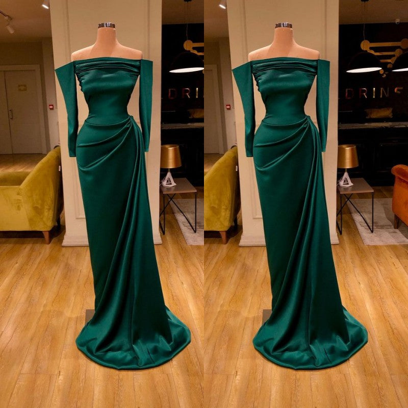 Dark Green Off-Shoulder Long Sleeve Fashion Sheath Prom Dress-BallBride