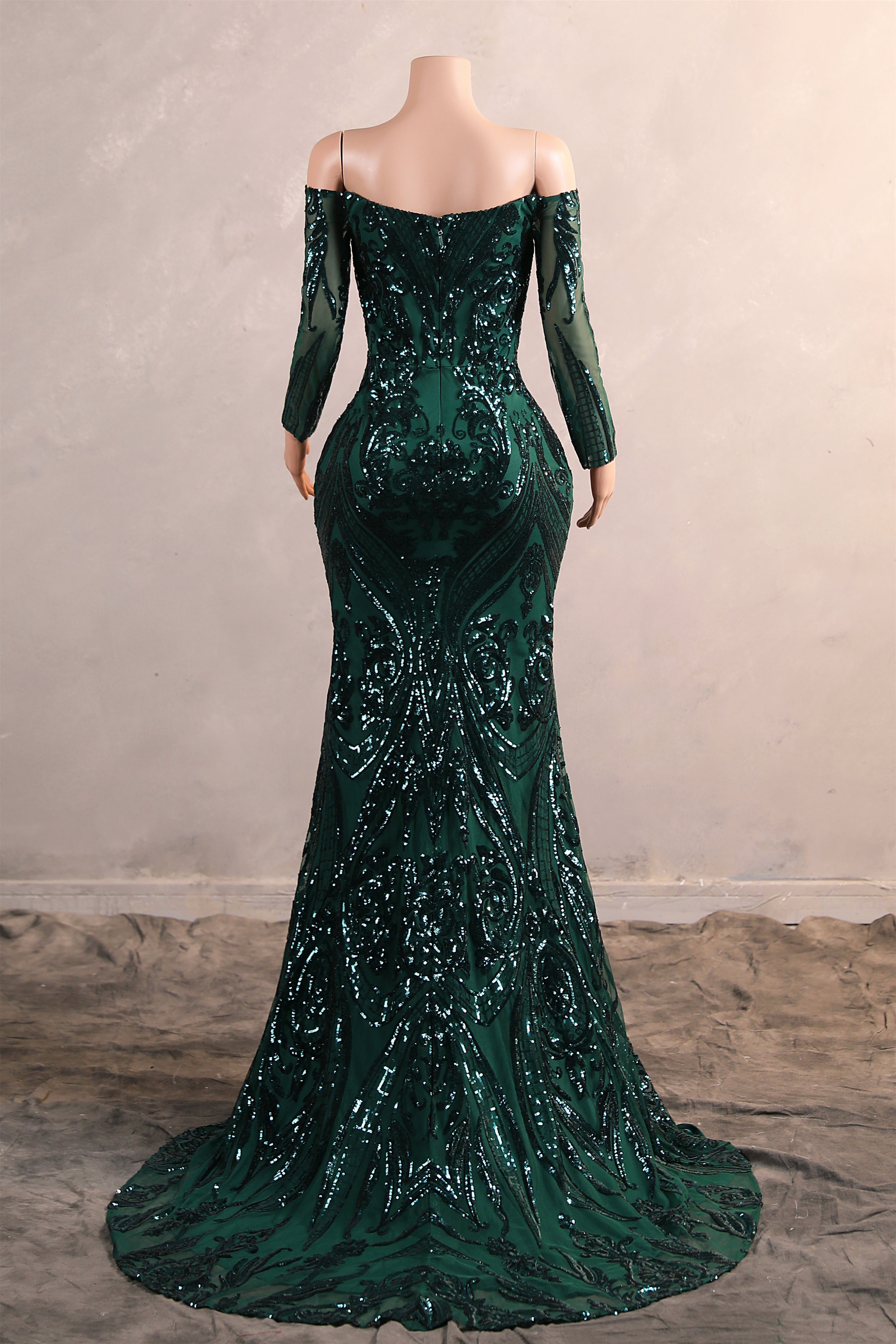 Dark Green Off-the-shoulder Long sleeves Sequin Mermaid Prom Dresses-BallBride