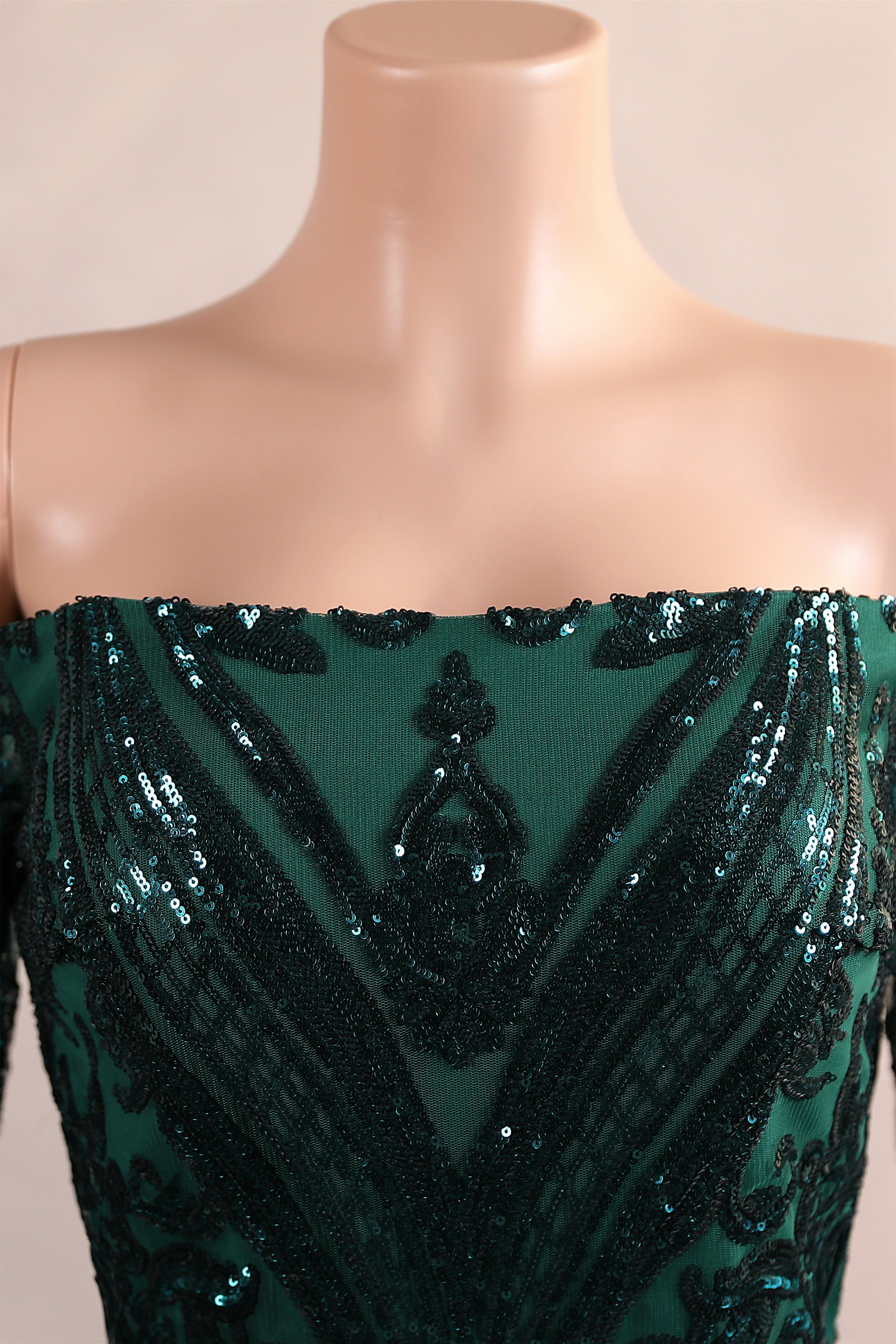 Dark Green Off-the-shoulder Long sleeves Sequin Mermaid Prom Dresses-BallBride