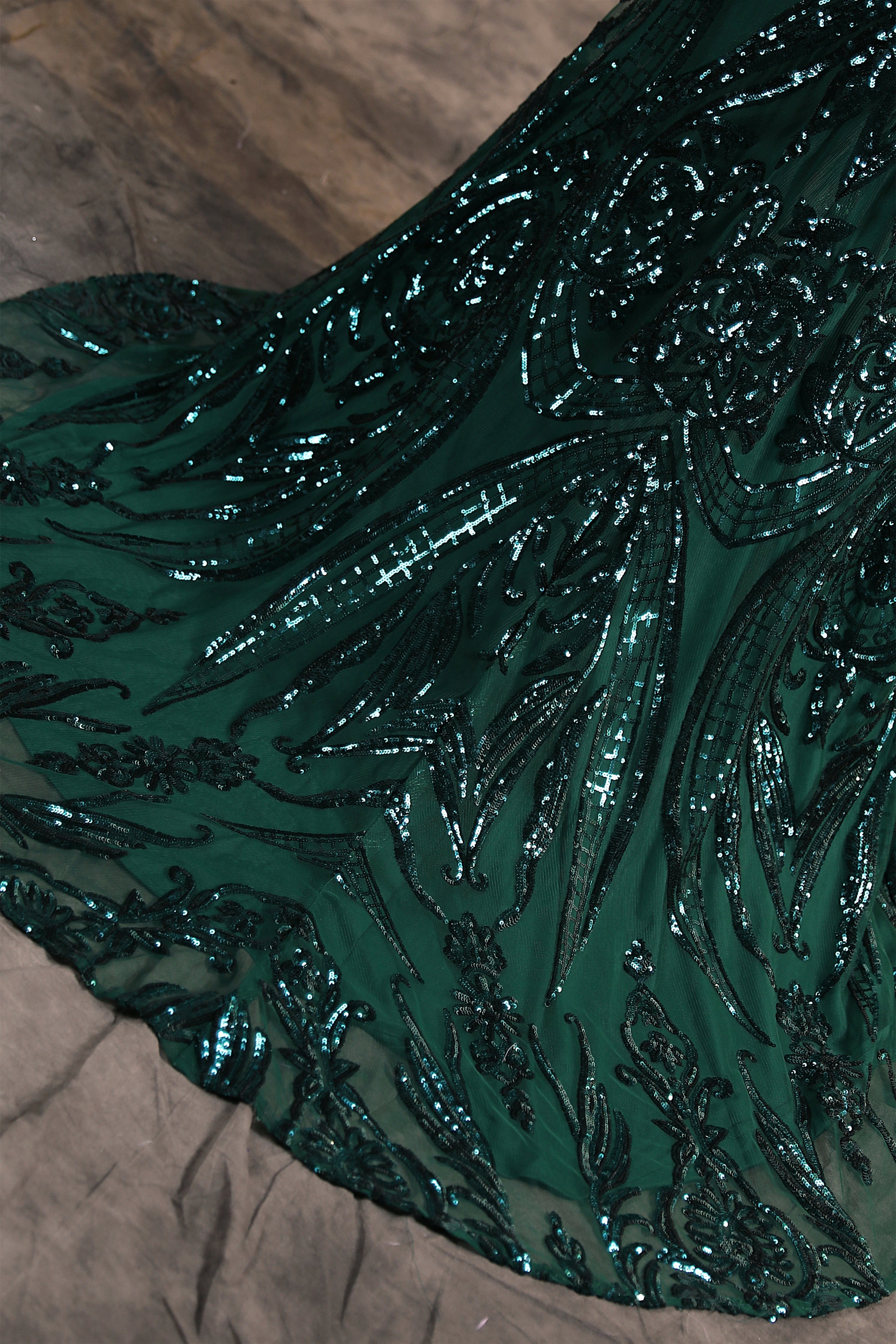 Dark Green Off-the-shoulder Long sleeves Sequin Mermaid Prom Dresses-BallBride
