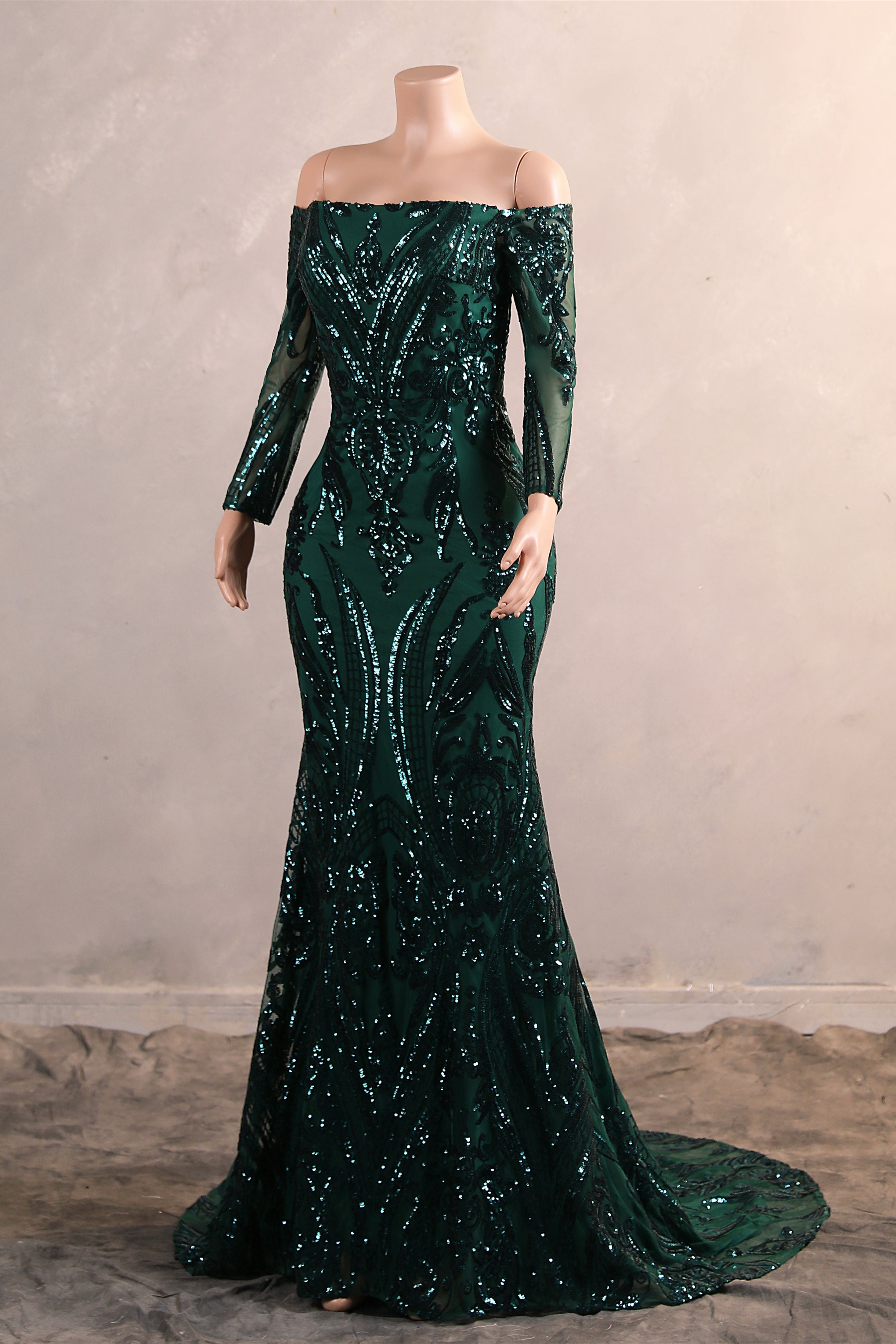 Dark Green Off-the-shoulder Long sleeves Sequin Mermaid Prom Dresses-BallBride