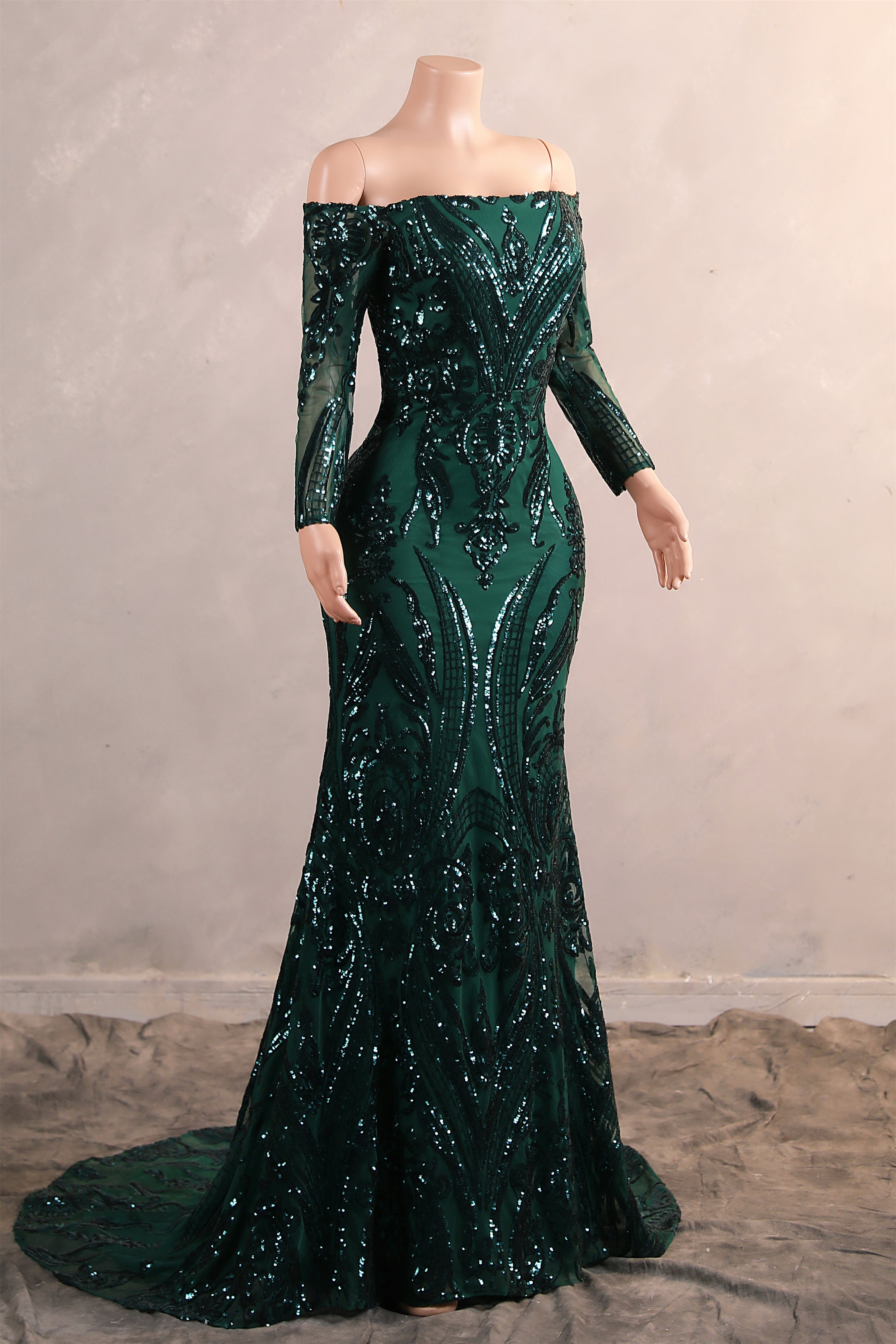 Dark Green Off-the-shoulder Long sleeves Sequin Mermaid Prom Dresses-BallBride