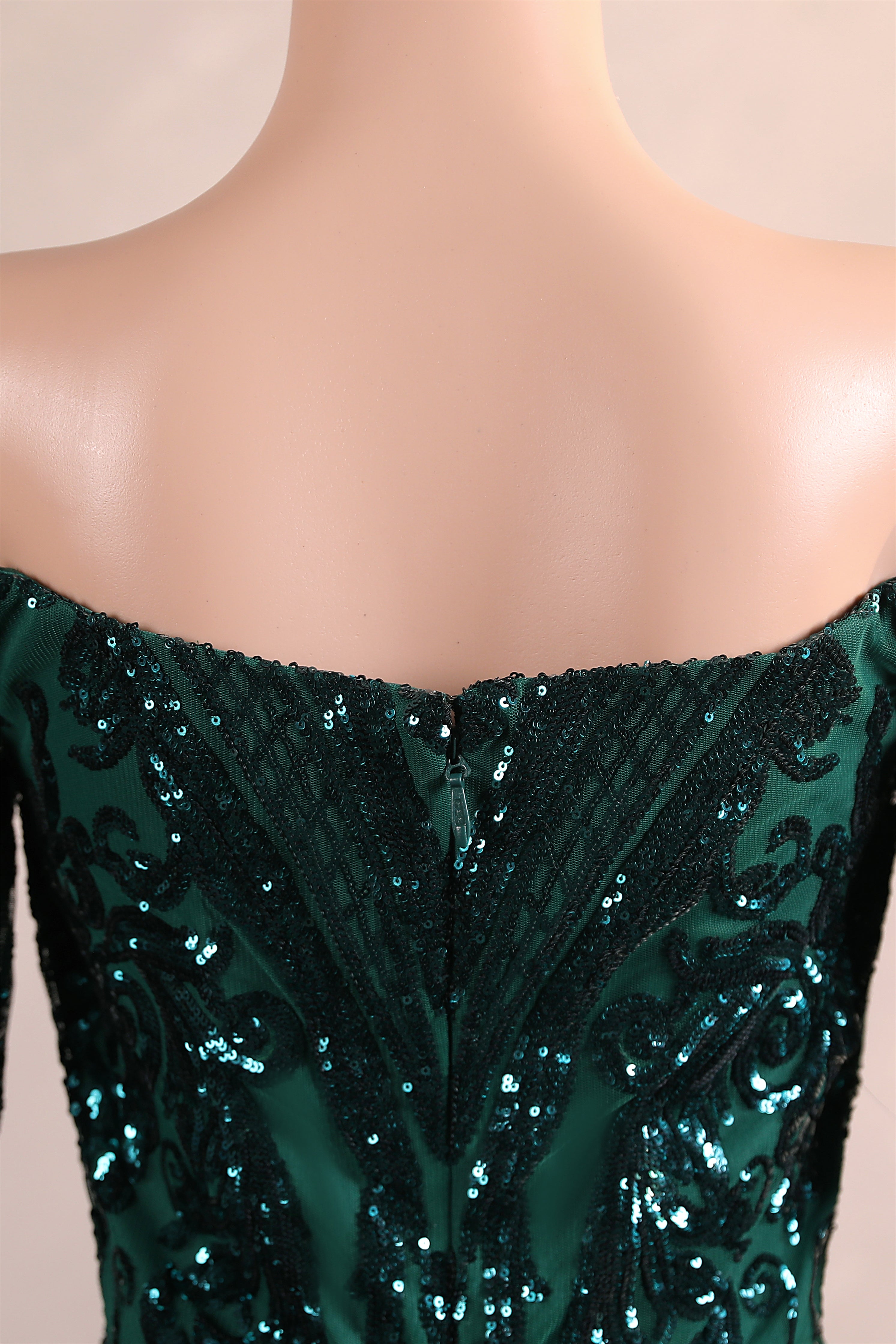 Dark Green Off-the-shoulder Long sleeves Sequin Mermaid Prom Dresses-BallBride