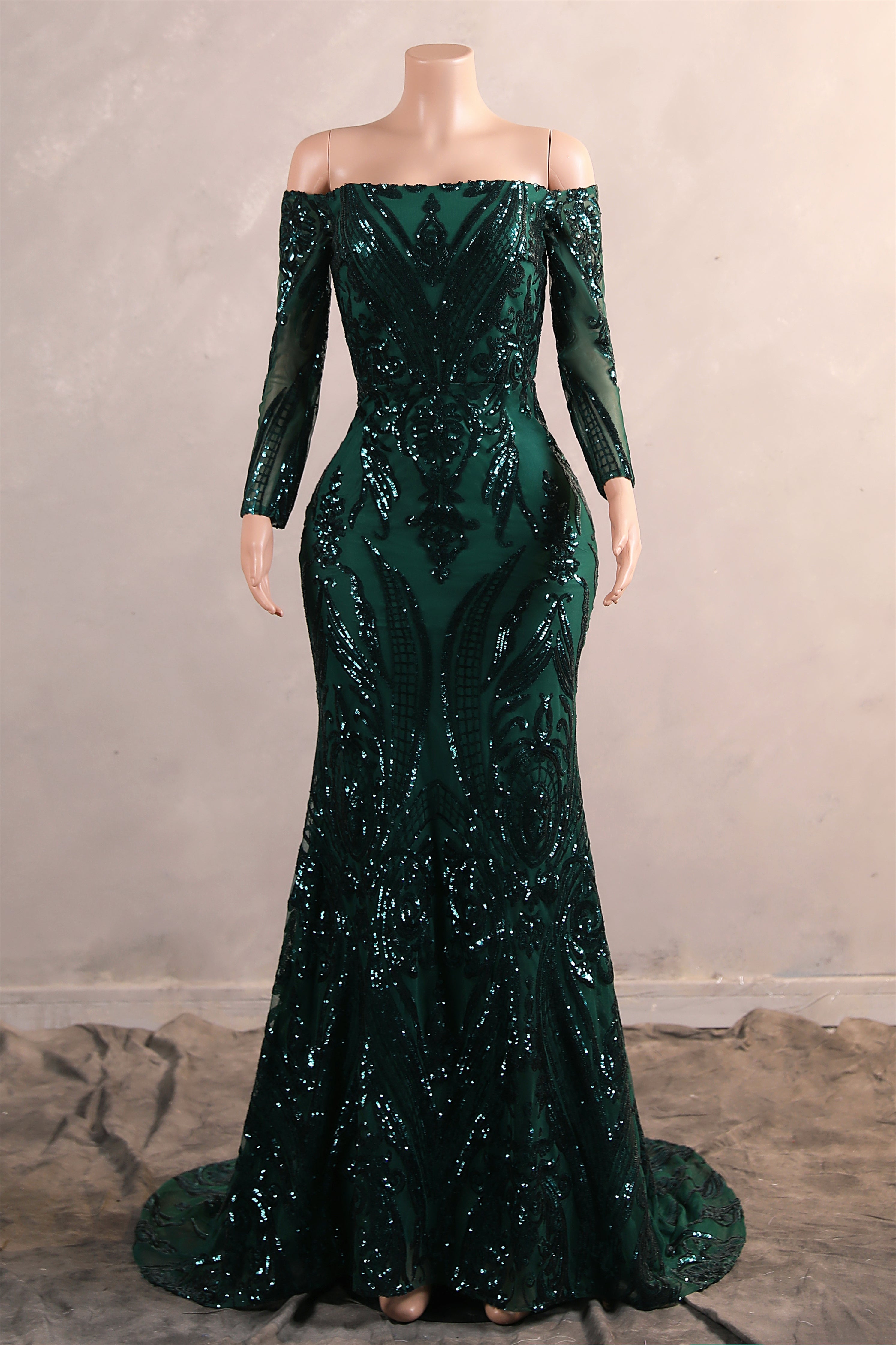 Dark Green Off-the-shoulder Long sleeves Sequin Mermaid Prom Dresses-BallBride