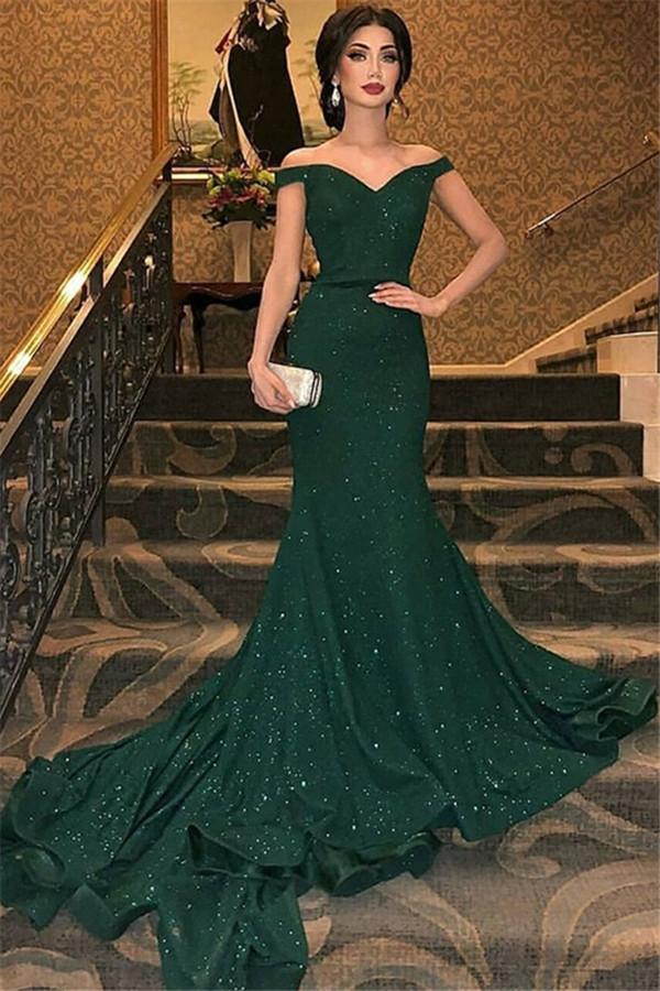 Dark Green Off-the-Shoulder Mermaid Prom Dress Long - On Sale!-BallBride