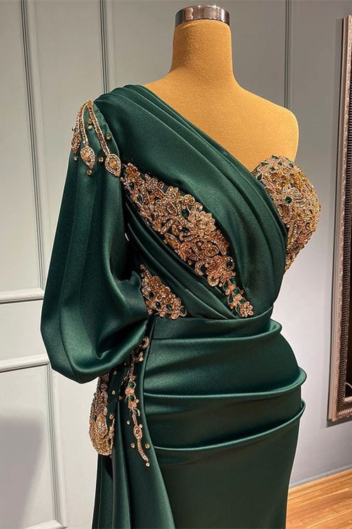 Dark Green One-Shoulder Mermaid Prom Dress With Beads & Appliques-BallBride