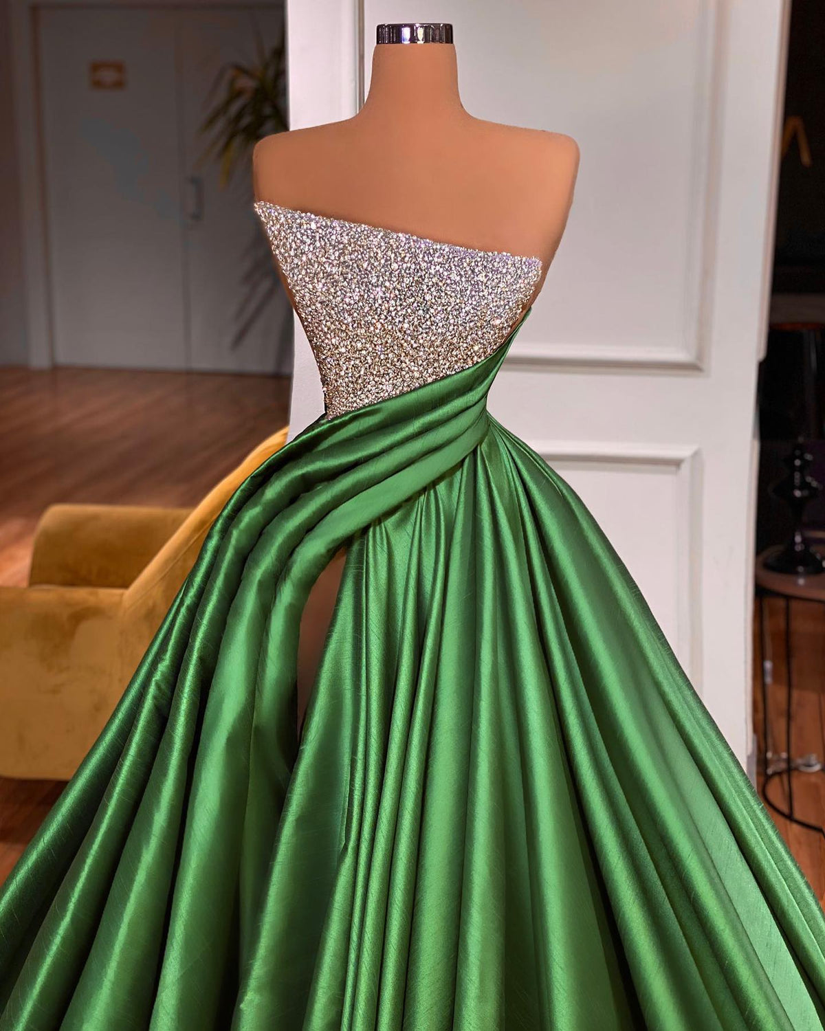 Dark Green Sequins Strapless Split Front Sleeveless Prom Dress-BallBride