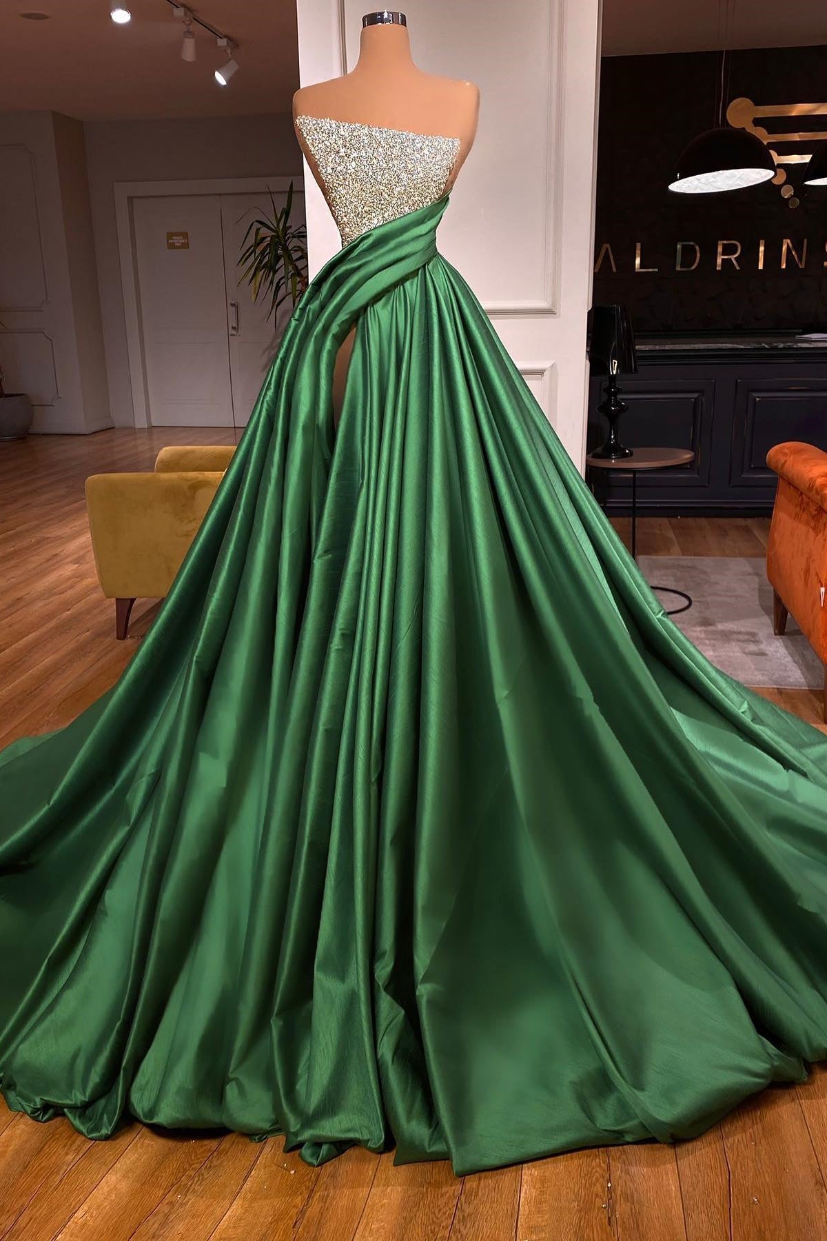 Dark Green Sequins Strapless Split Front Sleeveless Prom Dress-BallBride