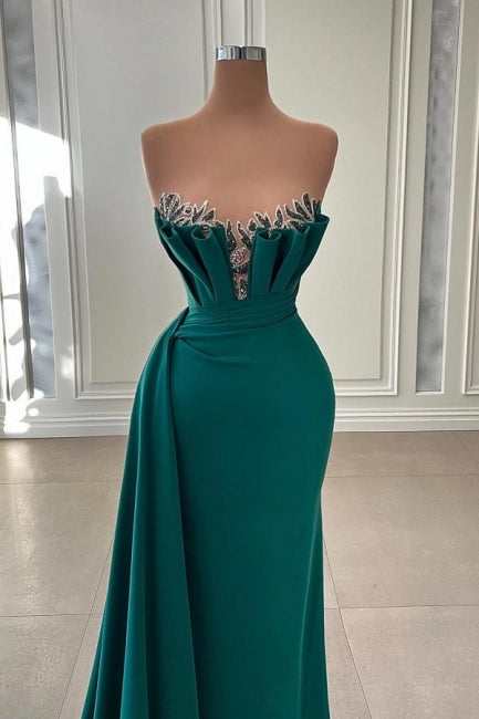 Dark Green Sheath Strapless Long Beadings Prom Dress-BallBride