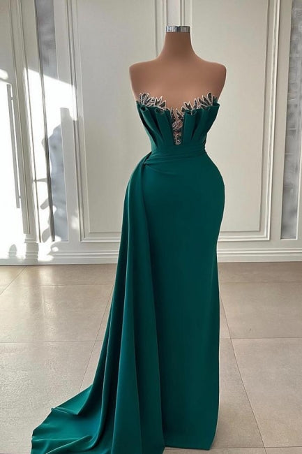 Dark Green Sheath Strapless Long Beadings Prom Dress-BallBride