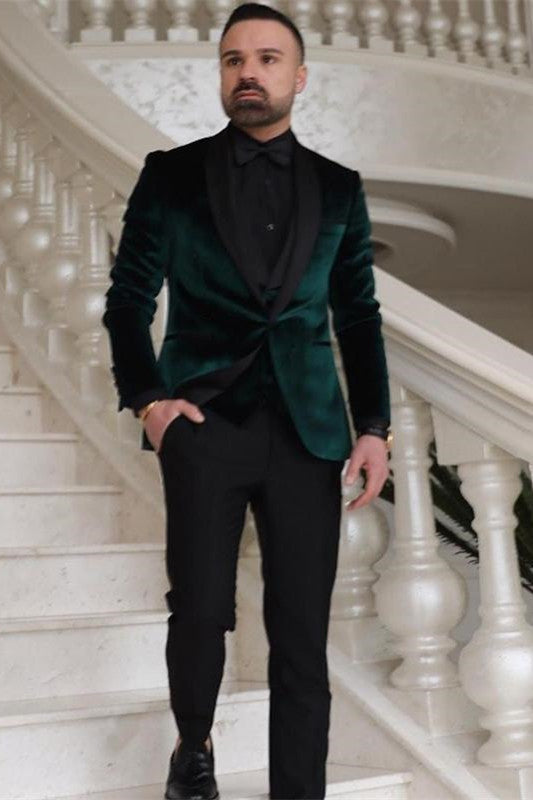 Dark Green Velvet 3 Piece Fashion Suit for Groom Weddings Online-BallBride