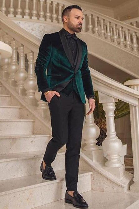 Dark Green Velvet 3 Piece Fashion Suit for Groom Weddings Online-BallBride