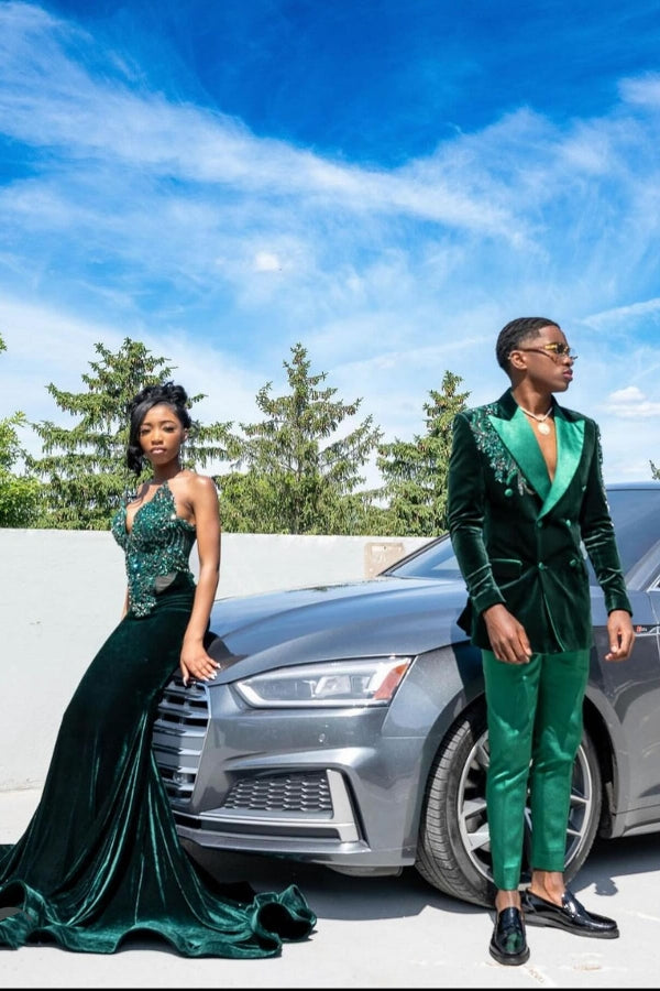 Dark Green Velvet Sweetheart Crystal Mermaid Prom Dresses-BallBride