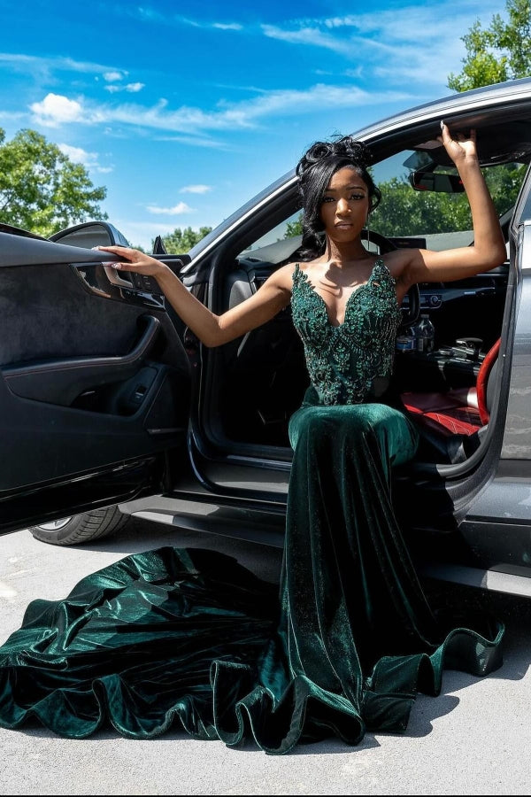 Dark Green Velvet Sweetheart Crystal Mermaid Prom Dresses-BallBride