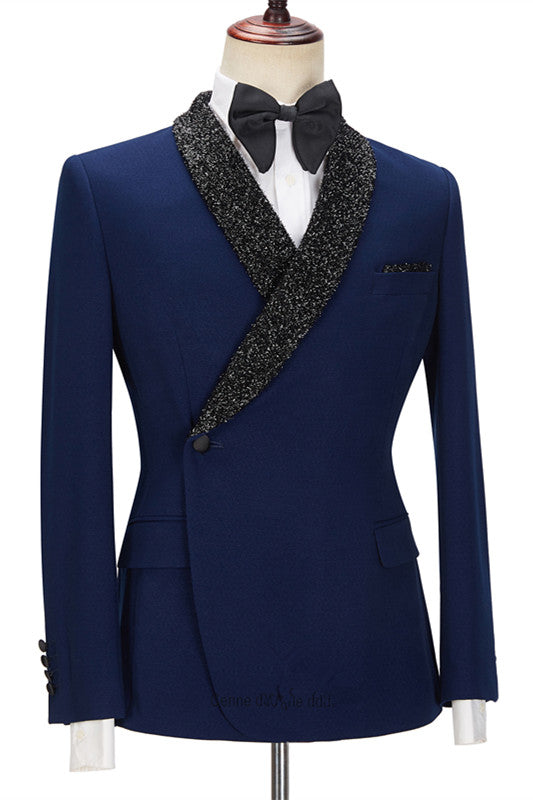 Dark Navy Business Formal Suit for Prom with Black Lapel-BallBride