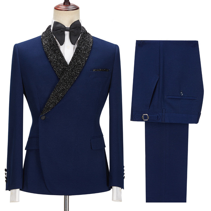 Dark Navy Business Formal Suit for Prom with Black Lapel-BallBride