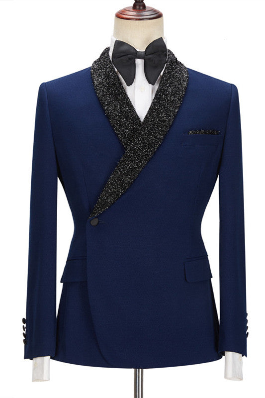 Dark Navy Business Formal Suit for Prom with Black Lapel-BallBride