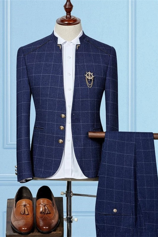 Dark Navy Groom & Groomsmen Suits with Plaid - 2 Piece Set-BallBride