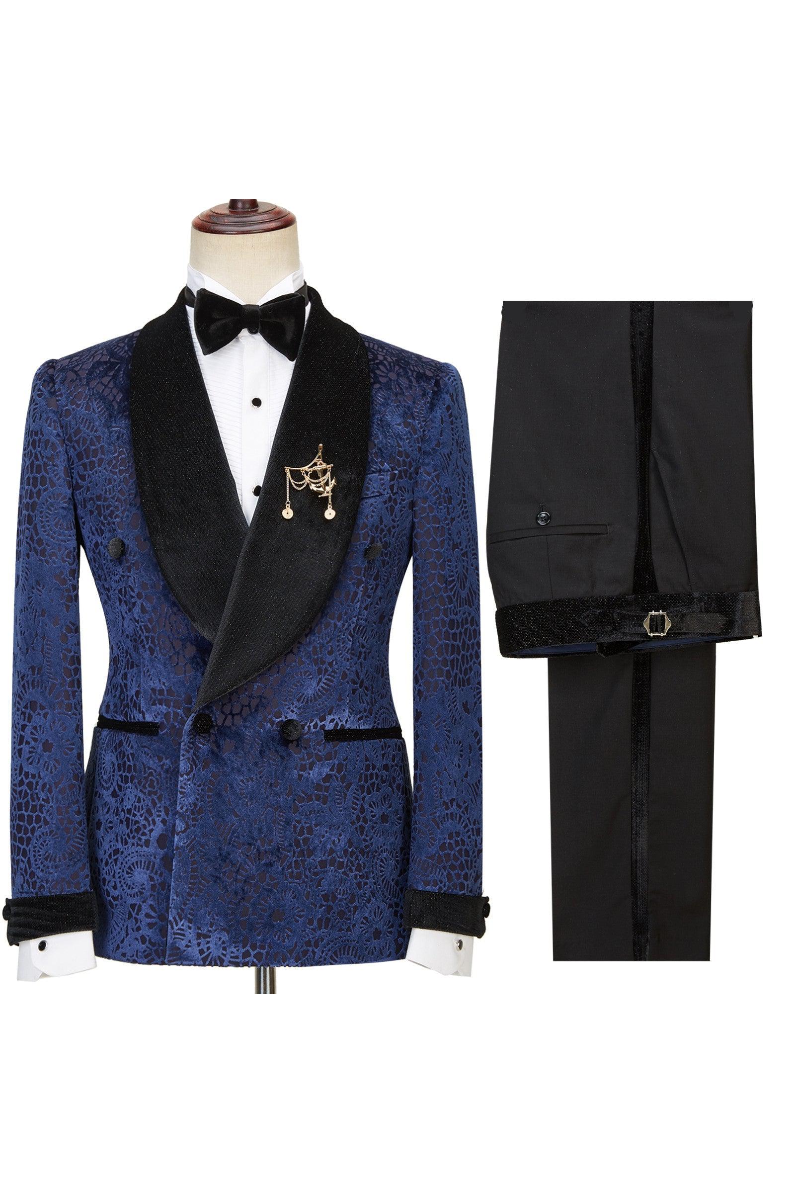 Dark Navy Jacquard Double Breasted Sparkle Shawl Lapel Men Suits For Wedding by Jane-BallBride