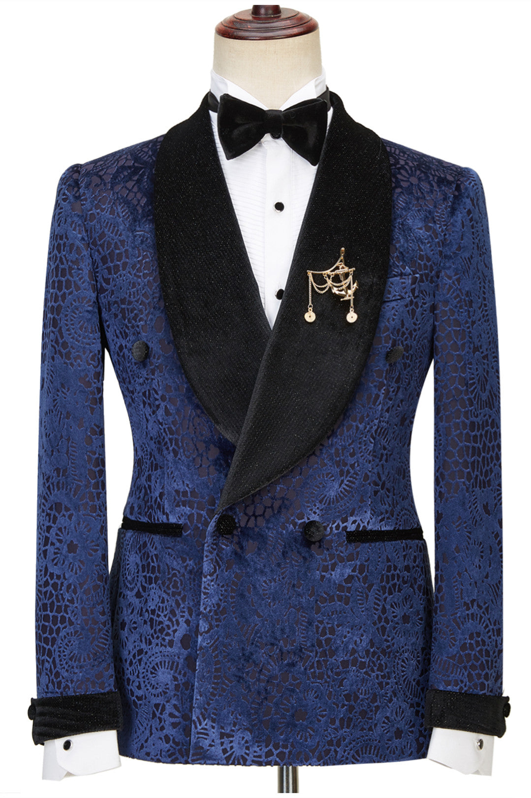 Dark Navy Jacquard Double Breasted Sparkle Shawl Lapel Men Suits For Wedding by Jane-BallBride