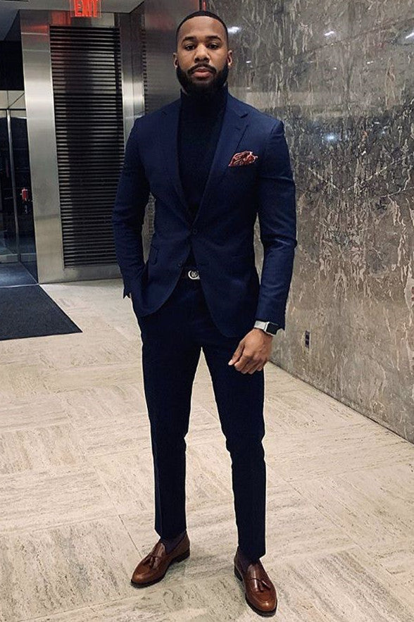 Dark Navy Notched Lapel Ring Bearer Outfit with Black Pants-BallBride
