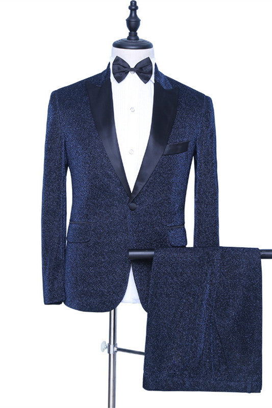 Dark Navy Peaked Lapel Wedding Suit for Groom - Morden Sparkly-BallBride