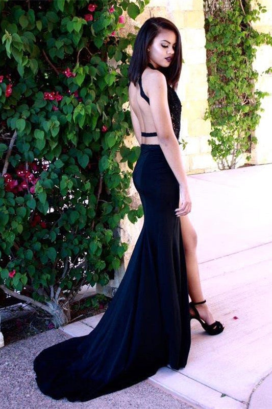 Dark Navy Sleeveless Appliques Prom Dress With Slit - Stunning Look-BallBride