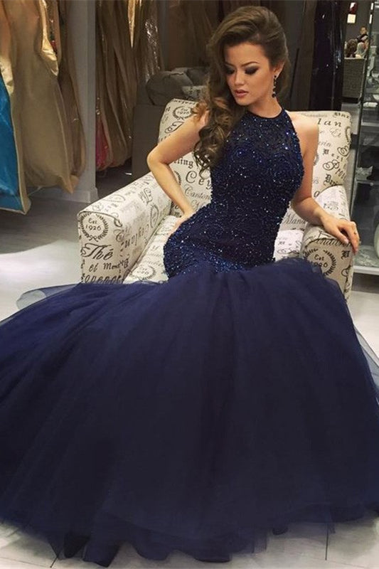 Dark Navy Sleeveless Mermaid Prom Dress with Lace Appliques-BallBride