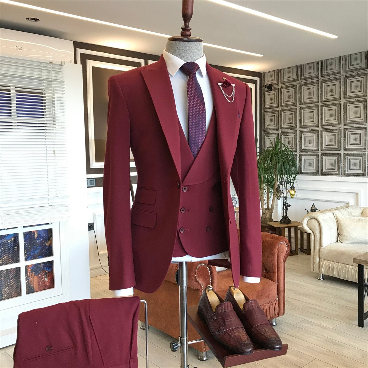 Dark Red Groom & Groomsman Suit - 3 Piece Stylish Peaked Lapel-BallBride