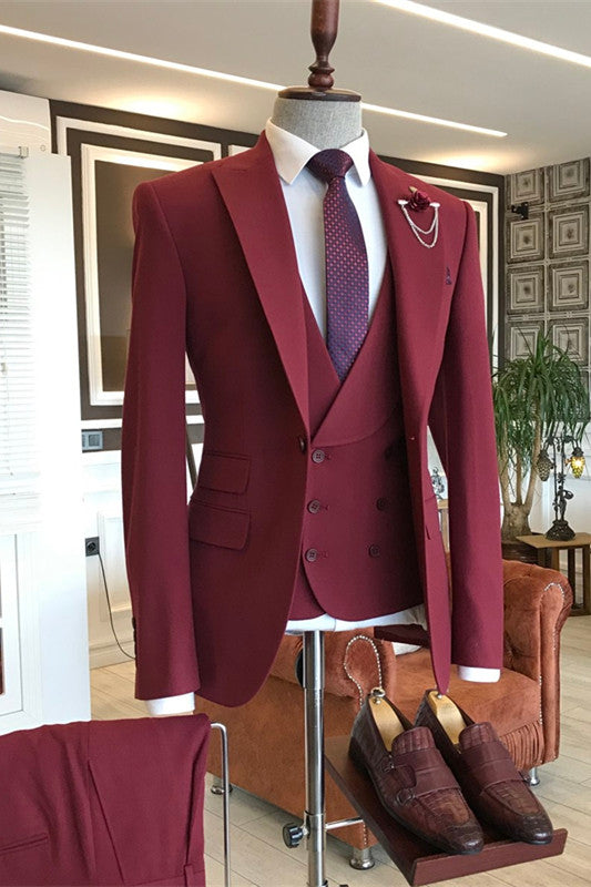 Dark Red Groom & Groomsman Suit - 3 Piece Stylish Peaked Lapel-BallBride